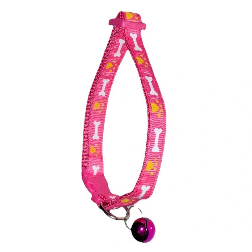 Pet Collar Pink w/Bell Bone/Paw Print Design SM-MD Pets Adjustable  NEW